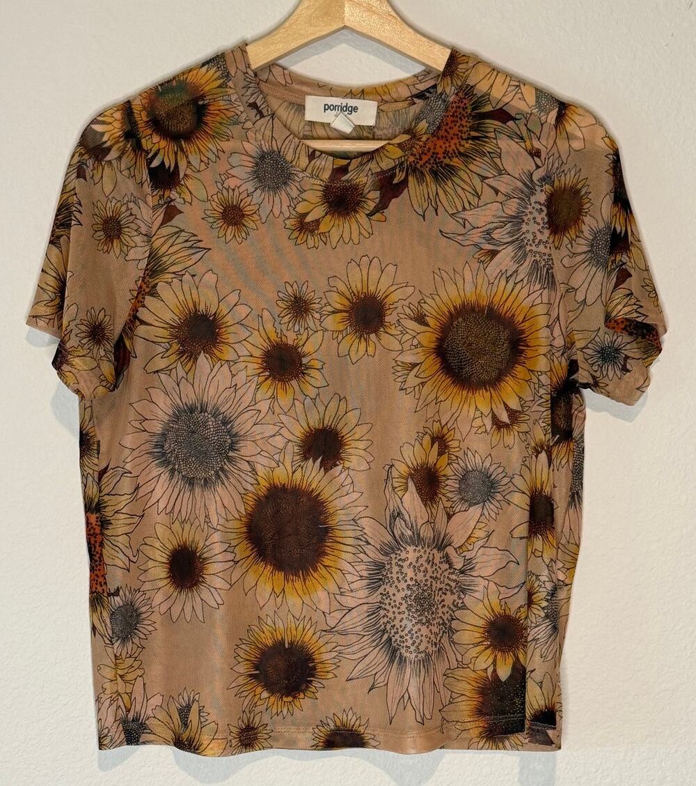 Anthropologie Porridge Sunflower Sheer Mesh Short Sleeve Tee Top Earthy Boho M